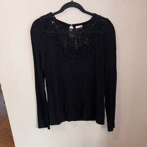 Valentino vintage Black Long Sleeve top, Lace and Sequin Embellished Neckline